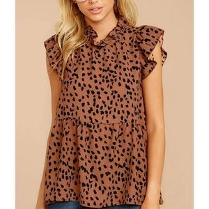 Amazon XL camel black loose for mock neck Animal print blouse cotton